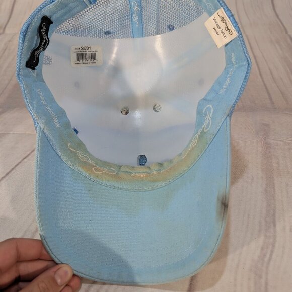 Ed Hardy Vintage Tattoo Wear Light Blue Skull Wing New York City Trucker Cap - Picture 8 of 10